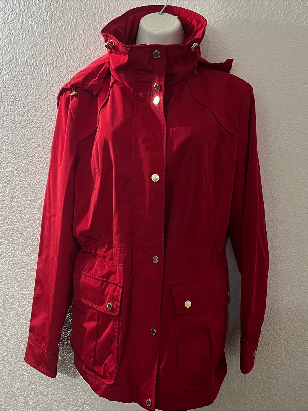 Women's Red Hooded Trench Coat - Classic Everyday Anorak